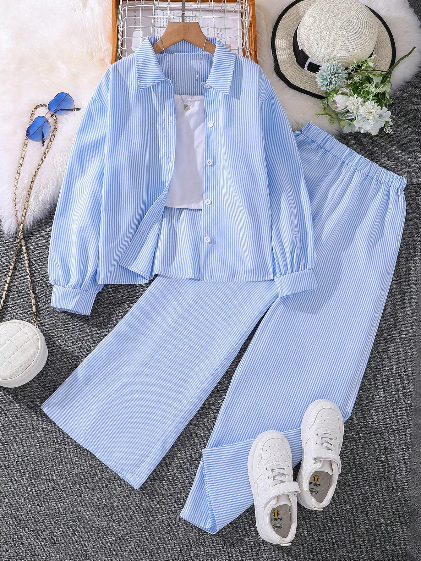 Tween Girl 2-Piece Set New Autumn Turn-Down Collar Long Sleeve Shirt And Long Pants Baby Blue