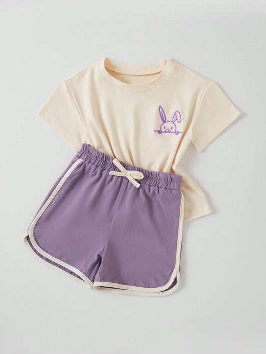 2pcs Baby Girls' Cute Bunny Embroidery Casual Short Sleeve Top And Shorts Set Multicolor
