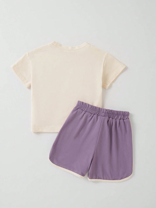 2pcs Baby Girls' Cute Bunny Embroidery Casual Short Sleeve Top And Shorts Set