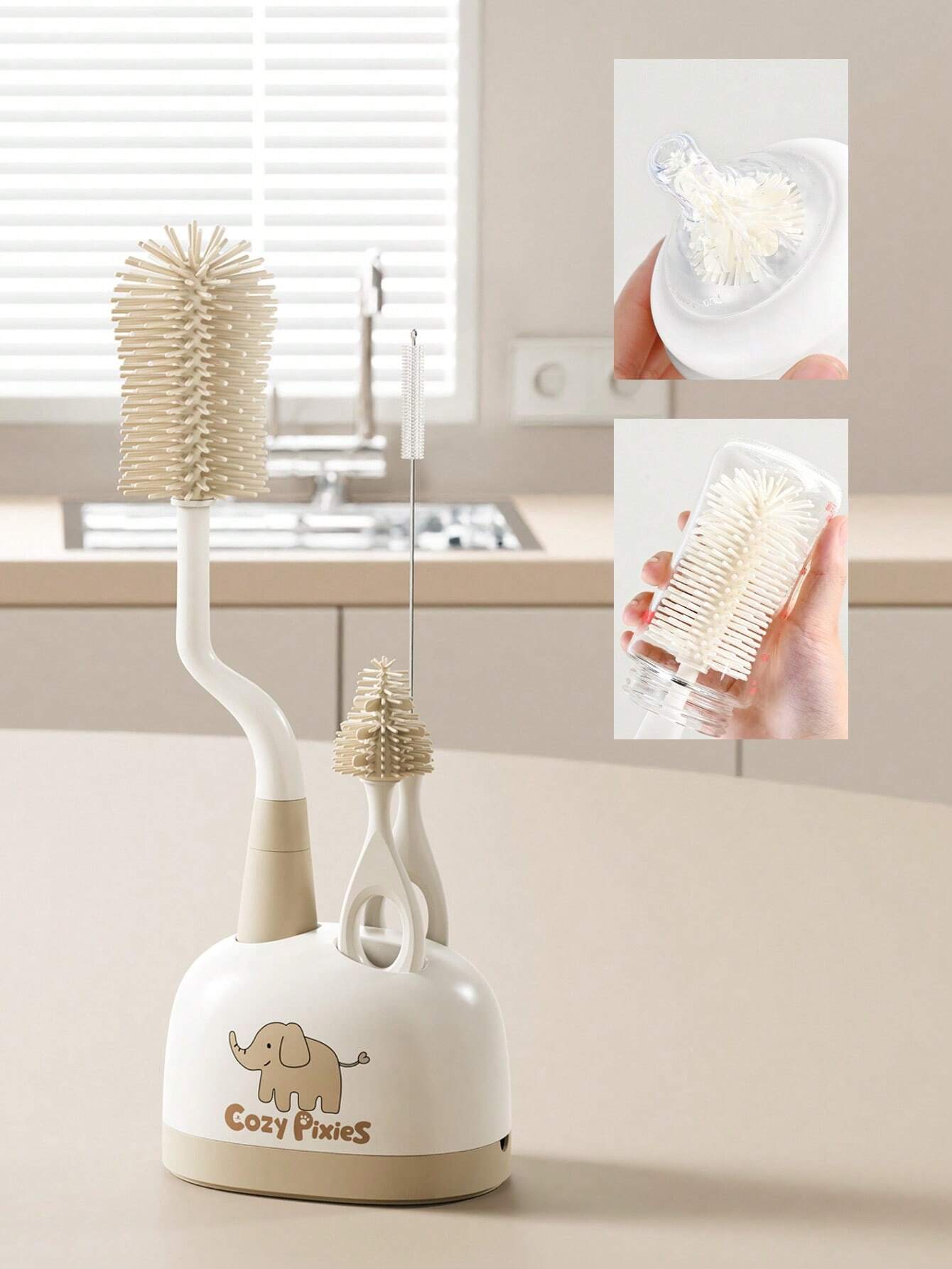 Cozy Pixies Cozy Pixies Baby Bottle Feeding Accessory, 3pcs Blue Rainbow Bottle Cleaning Brush Set Khaki