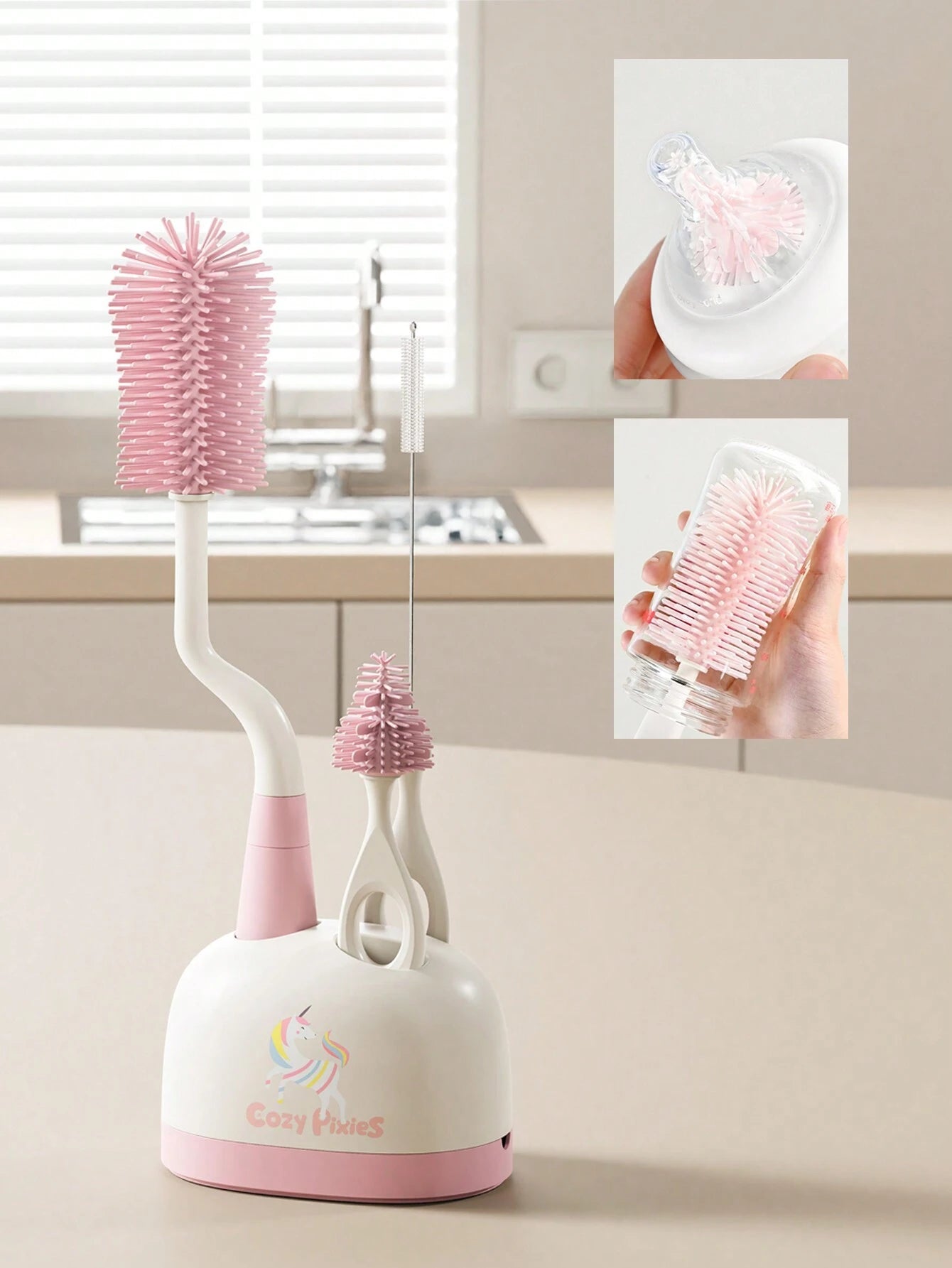 Cozy Pixies Cozy Pixies Baby Bottle Feeding Accessory, 3pcs Blue Rainbow Bottle Cleaning Brush Set Pink
