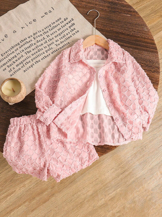 Young Girls' Simple Everyday Long Sleeve Shorts 2-Piece Set Pink