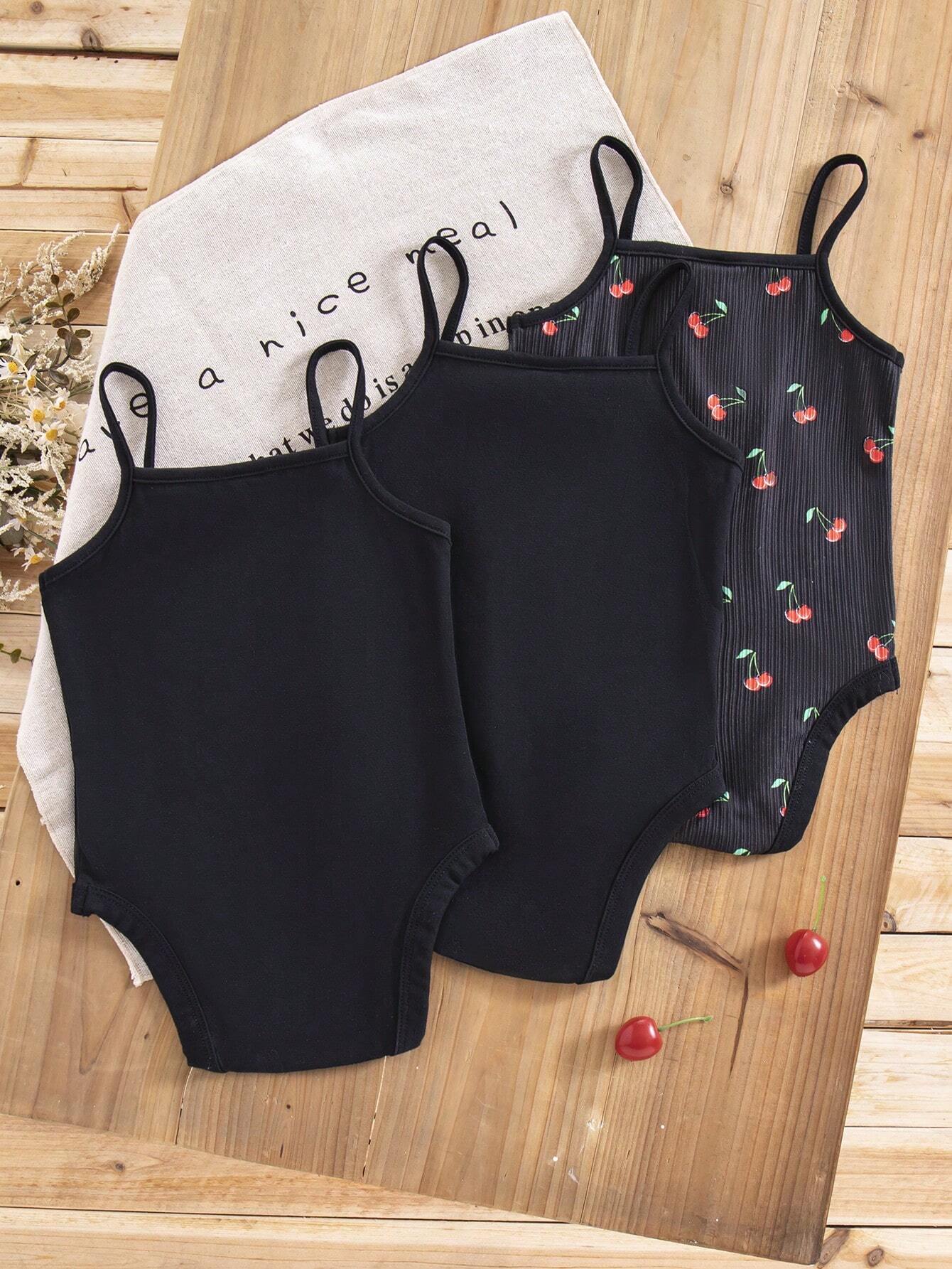 3pcs Baby Girl Casual Knitted Cartoon Patterned Romper With Open Crotch Strap Top