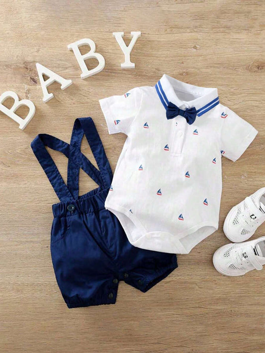 2pcs/Set Baby Boy Sailboat Printed Short Sleeve Romper And Dungaree Shorts Set Royal Blue