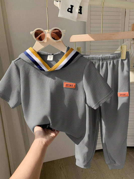 2pcs Young Boys' Casual Color Block Short Sleeve Hooded Top And Long Pants Grey