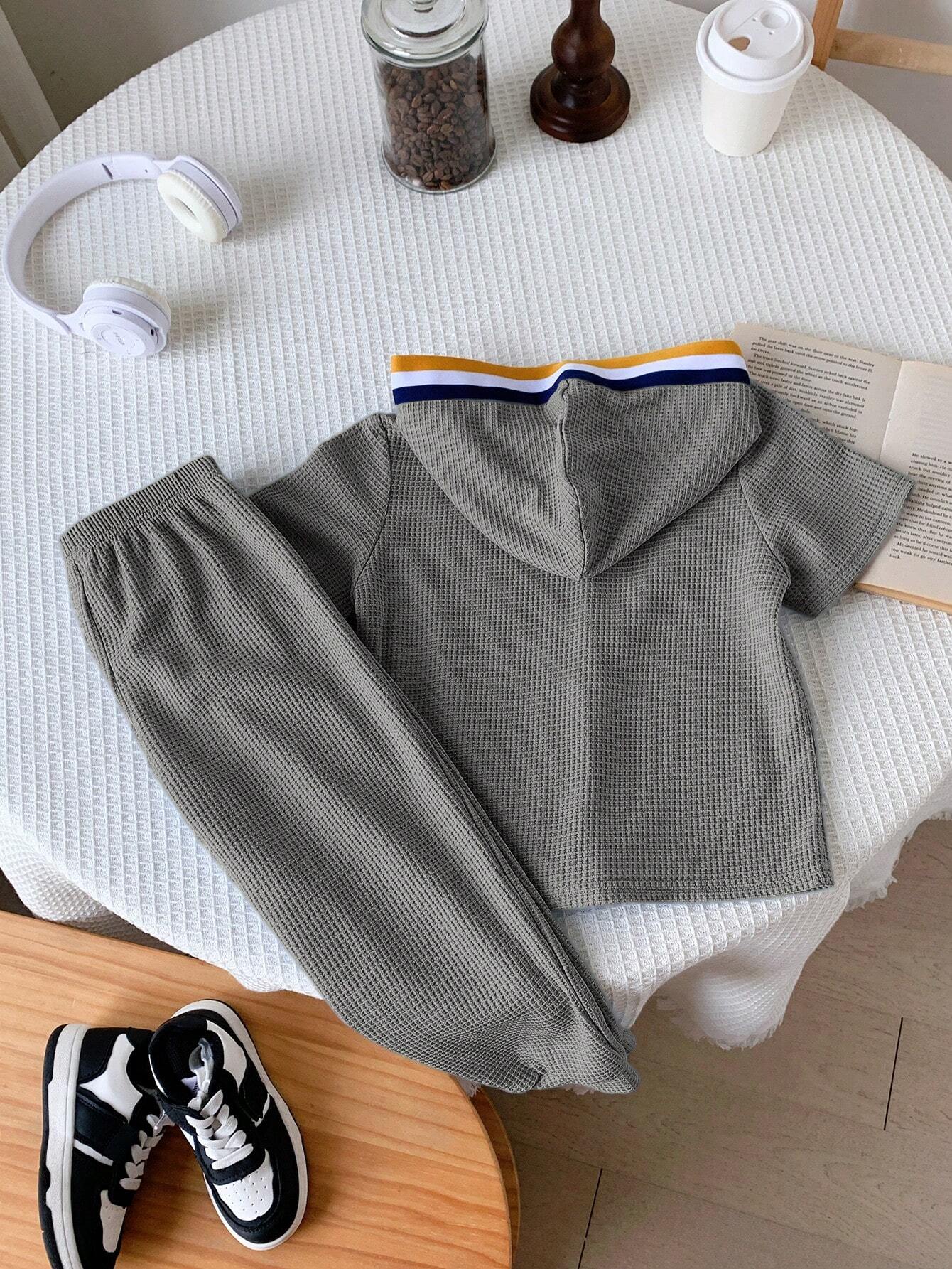 2pcs Young Boys' Casual Color Block Short Sleeve Hooded Top And Long Pants