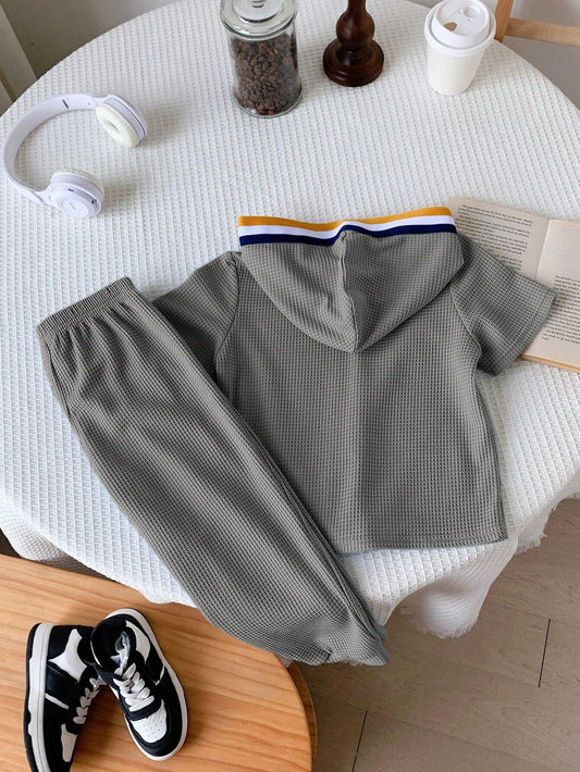 2pcs Young Boys' Casual Color Block Short Sleeve Hooded Top And Long Pants
