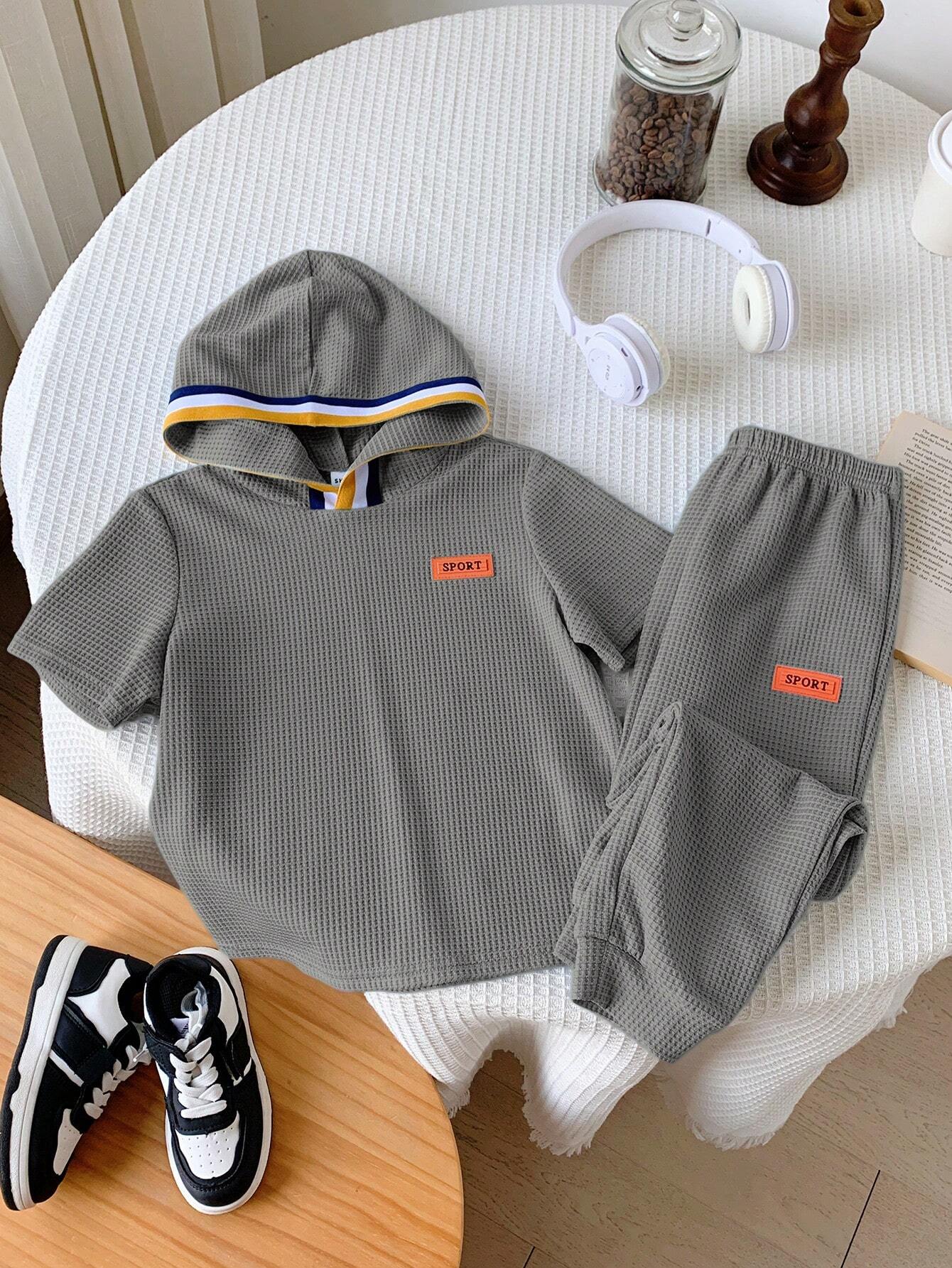 2pcs Young Boys' Casual Color Block Short Sleeve Hooded Top And Long Pants