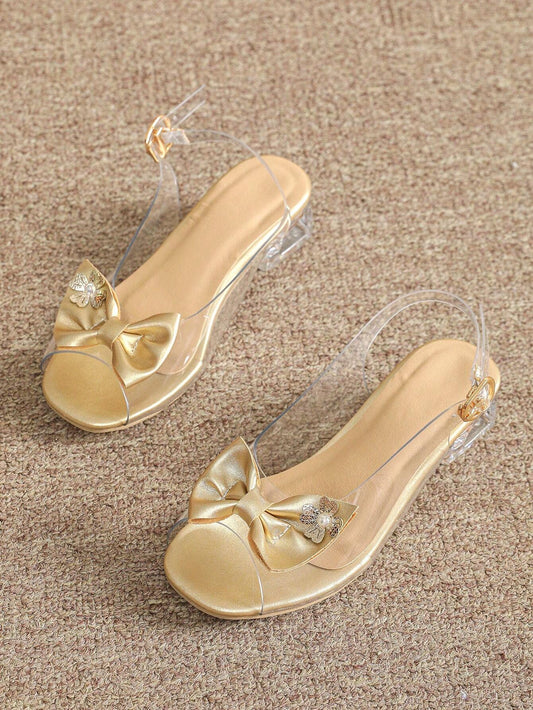 Girls' Golden Glass Sandals With Transparent High Heels