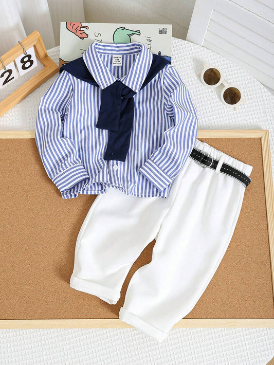 Striped Long Sleeve Shirt, Royal Blue Shawl, White Pants & Jacquard Belt Blue & White