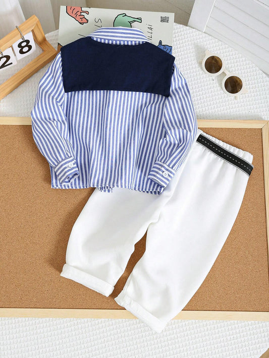 Striped Long Sleeve Shirt, Royal Blue Shawl, White Pants & Jacquard Belt