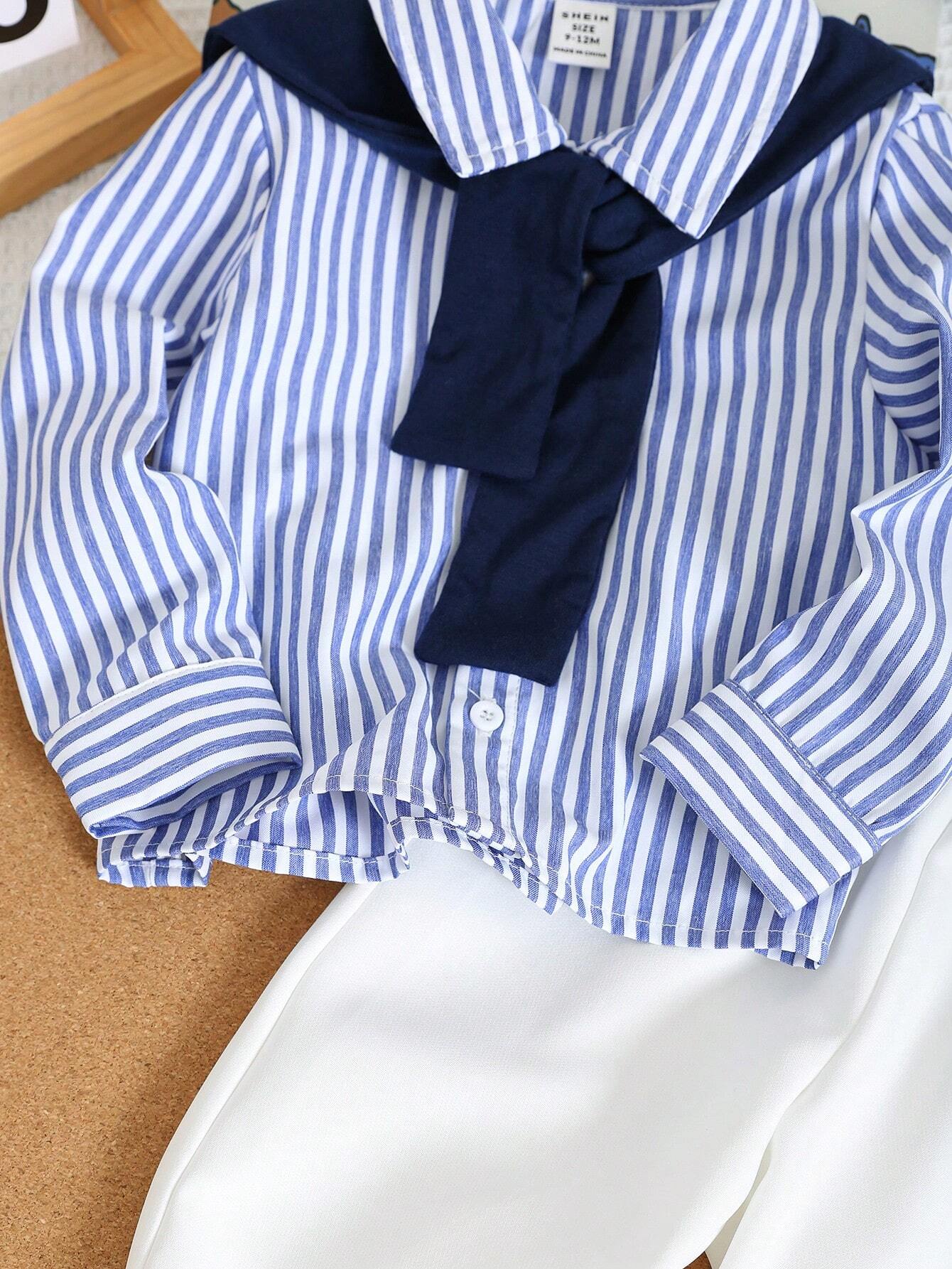 Striped Long Sleeve Shirt, Royal Blue Shawl, White Pants & Jacquard Belt