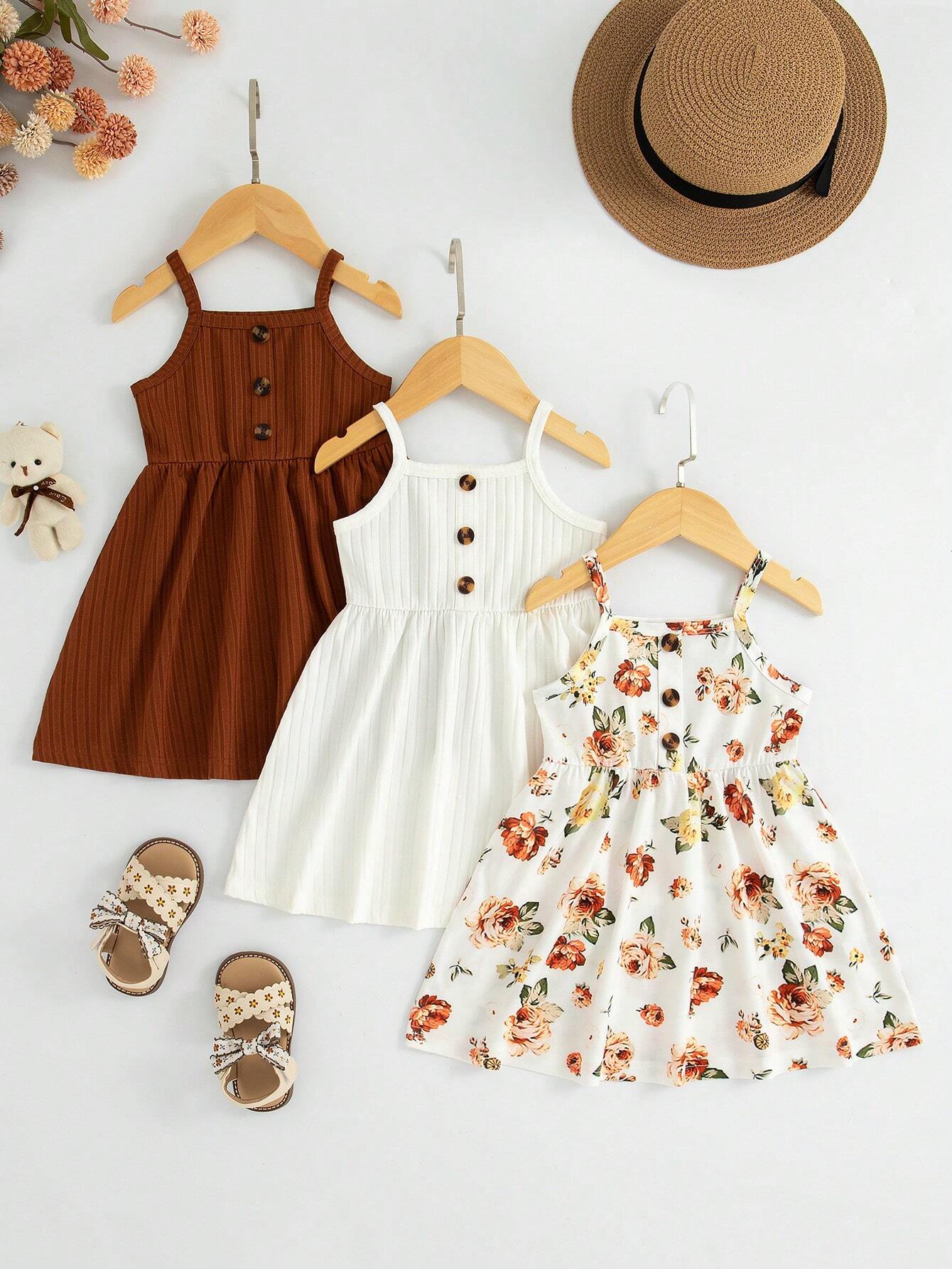 3pcs Baby Girls Floral Print Solid Ribbed Button Camisole Dress Set Multicolor