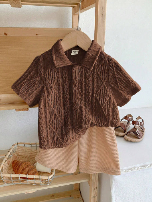2pcs/Set Baby Boy Cute Solid Color Knitted Pattern Polo Shirt And Elastic Waist Shorts Coffee Brown 6-9M