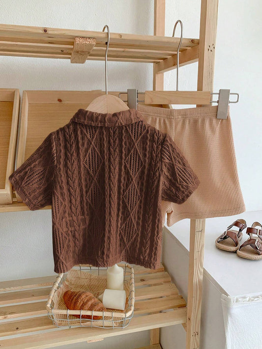 2pcs/Set Baby Boy Cute Solid Color Knitted Pattern Polo Shirt And Elastic Waist Shorts