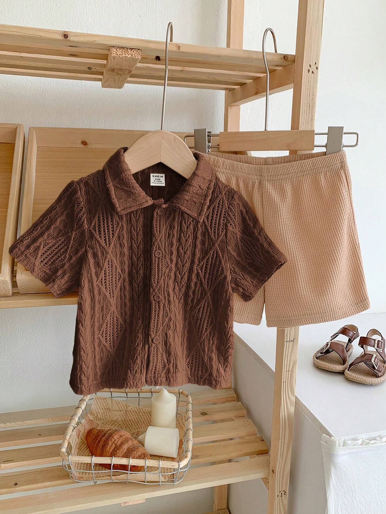 2pcs/Set Baby Boy Cute Solid Color Knitted Pattern Polo Shirt And Elastic Waist Shorts