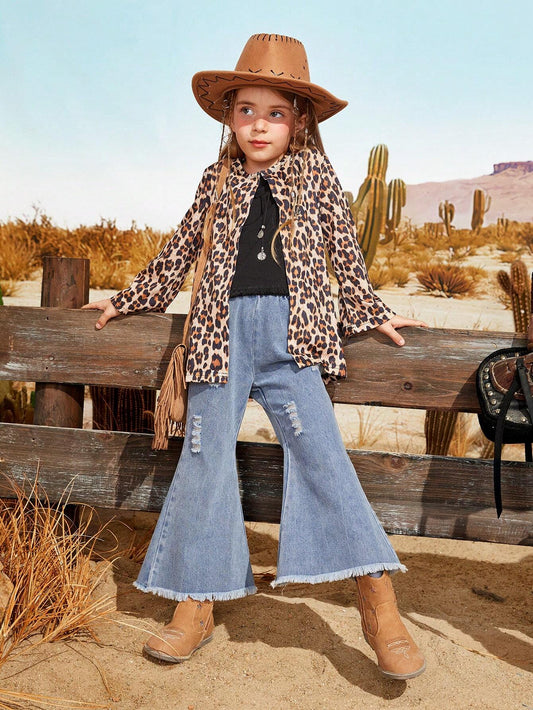 Wildeya 3pcs Girls' Casual Leopard Print Cardigan Coffee Brown