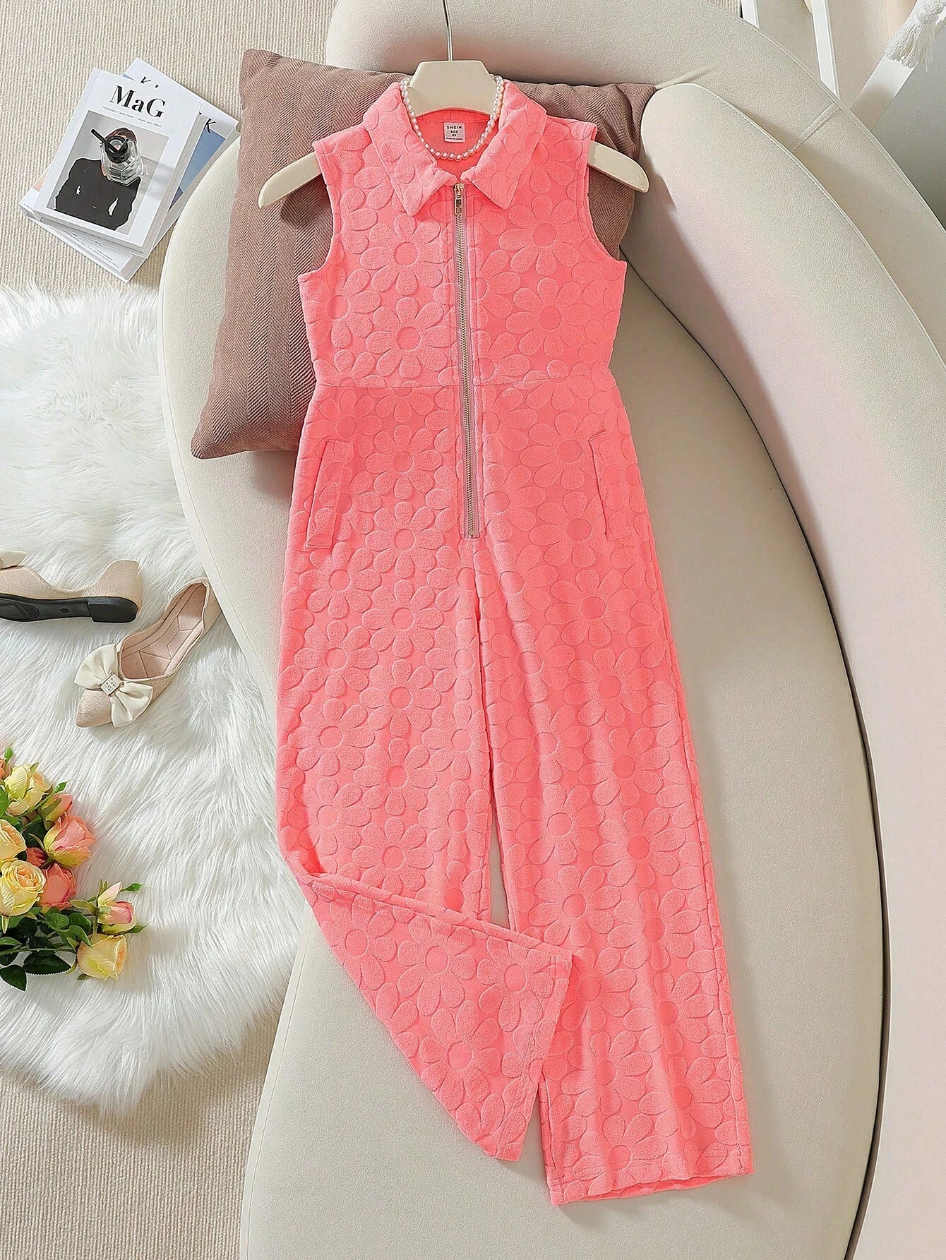 Girls' Sleeveless Knitted Jacquard Jumpsuit Orange