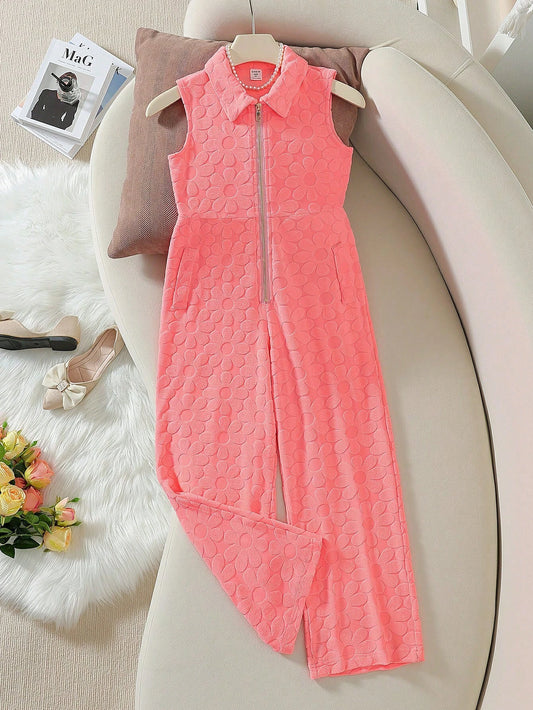 Girls' Sleeveless Knitted Jacquard Jumpsuit Orange