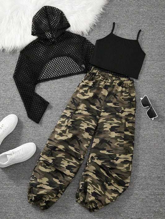 3pcs Tween Girls' Casual Chic Mesh Hooded Long Sleeve Top, Ribbed Knit Tank Top And Camo Cargo Pants Army Green