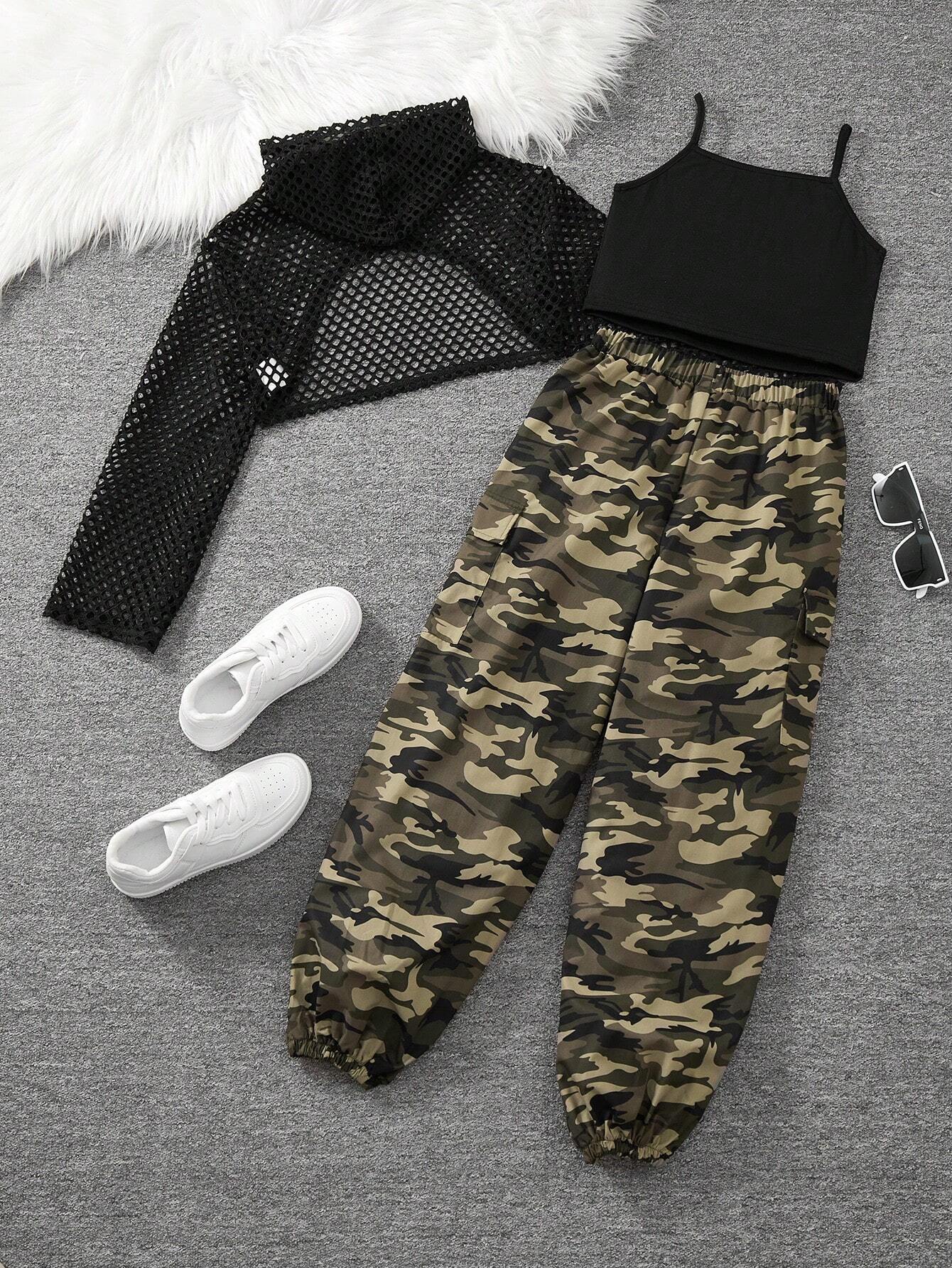 3pcs Tween Girls' Casual Chic Mesh Hooded Long Sleeve Top, Ribbed Knit Tank Top And Camo Cargo Pants