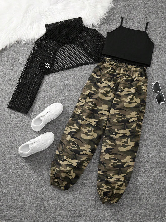 3pcs Tween Girls' Casual Chic Mesh Hooded Long Sleeve Top, Ribbed Knit Tank Top And Camo Cargo Pants