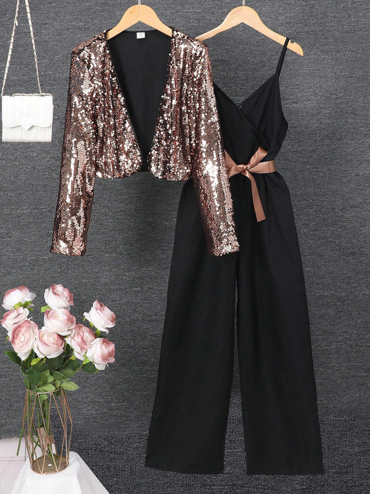 2pcs Tween Girls' Sequin Jacket & Solid Color Jumpsuit Set Gold