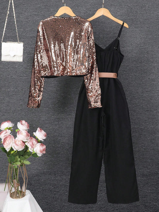 2pcs Tween Girls' Sequin Jacket & Solid Color Jumpsuit Set