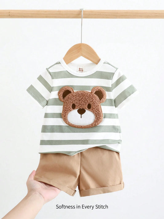 2pcs Baby Boy Bear Pattern Colorful Striped Crew Neck Short Sleeve Top And Casual Shorts Set Green