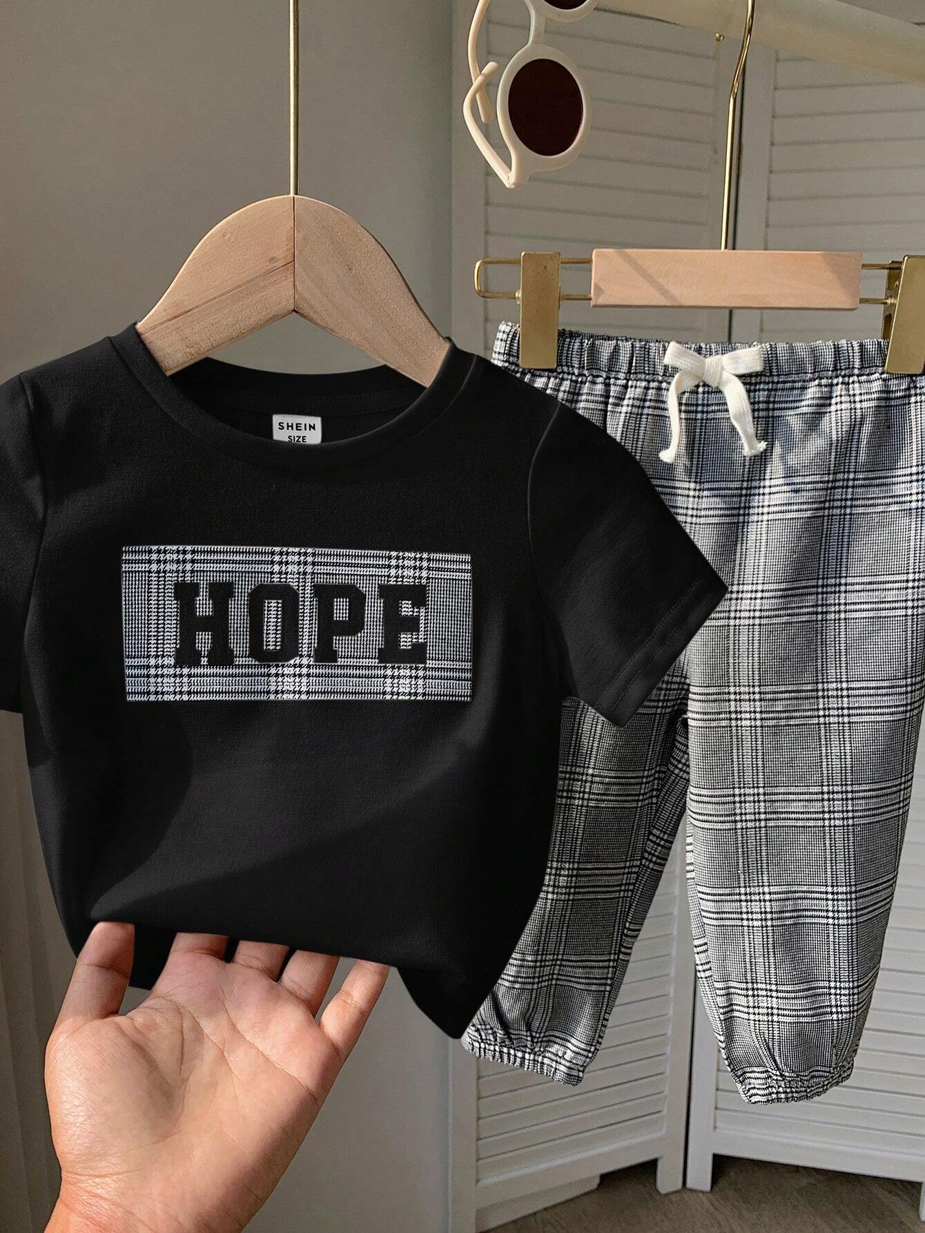2pcs/Set Casual Sports College Style Baby Boys T-Shirt And Plaid Pants