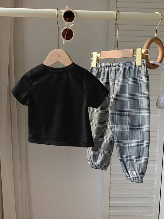 2pcs/Set Casual Sports College Style Baby Boys T-Shirt And Plaid Pants