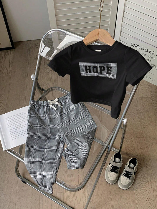 2pcs/Set Casual Sports College Style Baby Boys T-Shirt And Plaid Pants Black