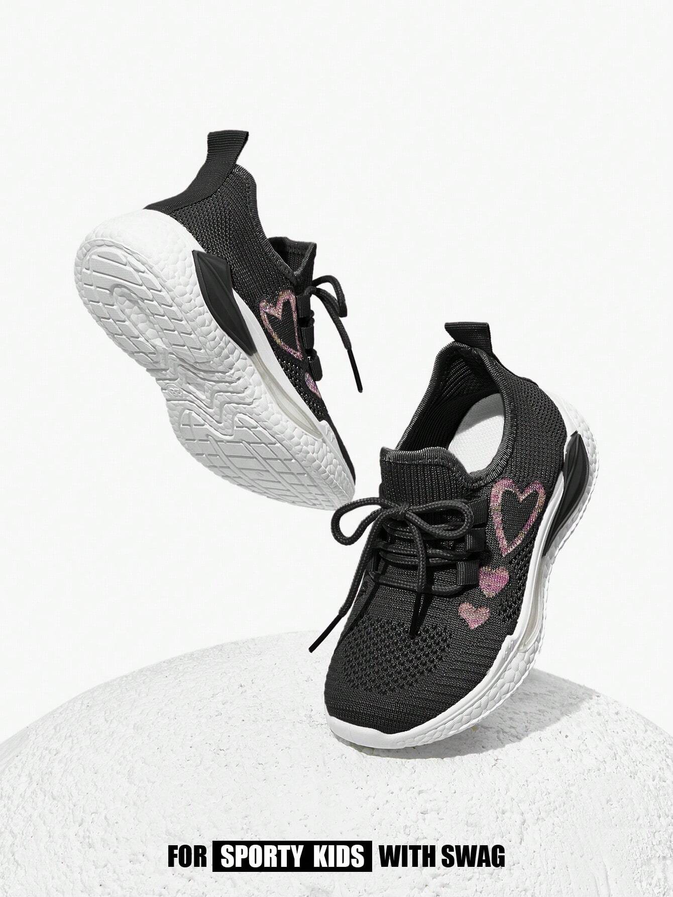 1 Pair Fashion Versatile Cute & Funny Breathable Lace-Up Heart Decor Casual Sneakers Black