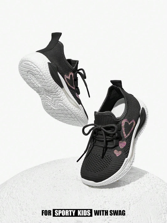 1 Pair Fashion Versatile Cute & Funny Breathable Lace-Up Heart Decor Casual Sneakers Black