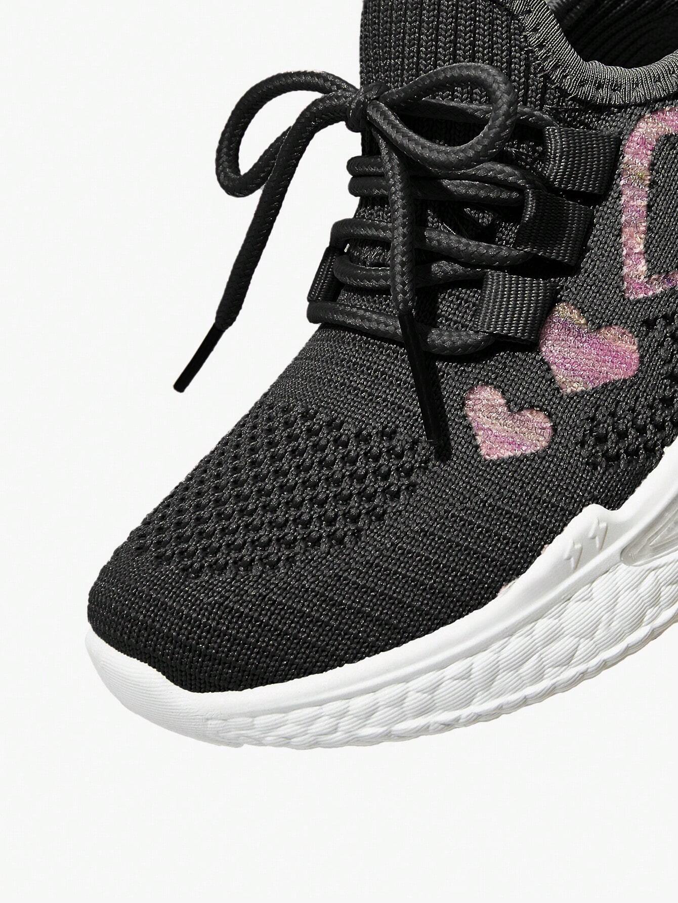 1 Pair Fashion Versatile Cute & Funny Breathable Lace-Up Heart Decor Casual Sneakers