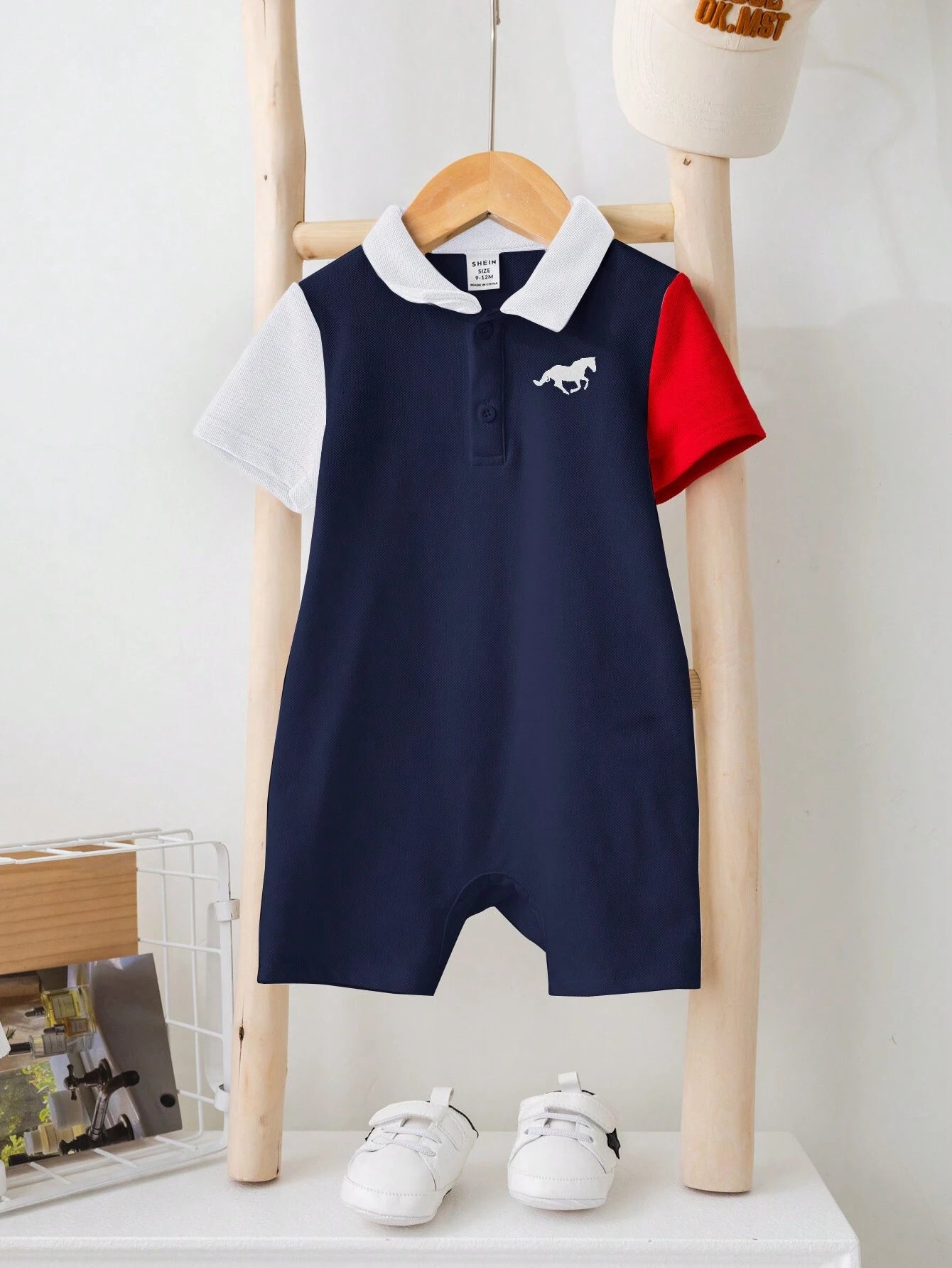 Baby Boy Color-Block Short Sleeve Half-Zip Polo Collar Romper With Snap Bottom Blue