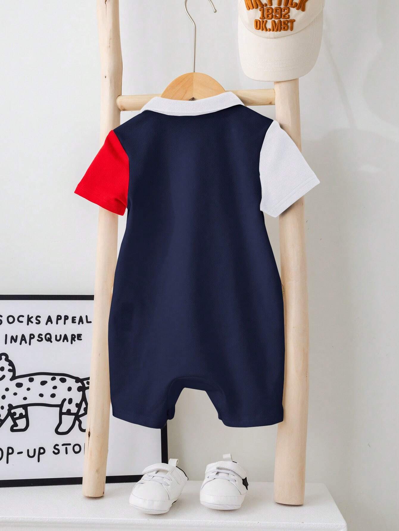Baby Boy Color-Block Short Sleeve Half-Zip Polo Collar Romper With Snap Bottom