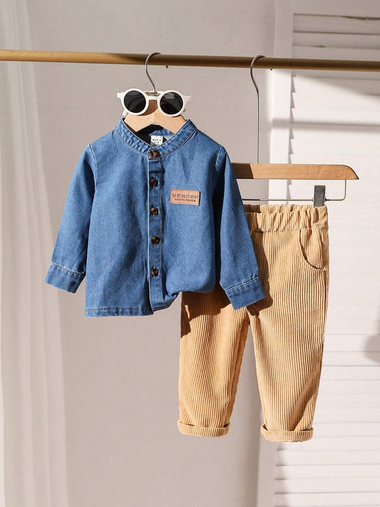 2pcs Baby Boys' Casual Denim Collar Long Sleeve Shirt With Letter Print And Khaki Pants Medium Wash