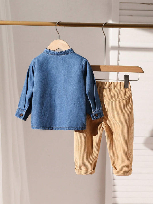 2pcs Baby Boys' Casual Denim Collar Long Sleeve Shirt With Letter Print And Khaki Pants