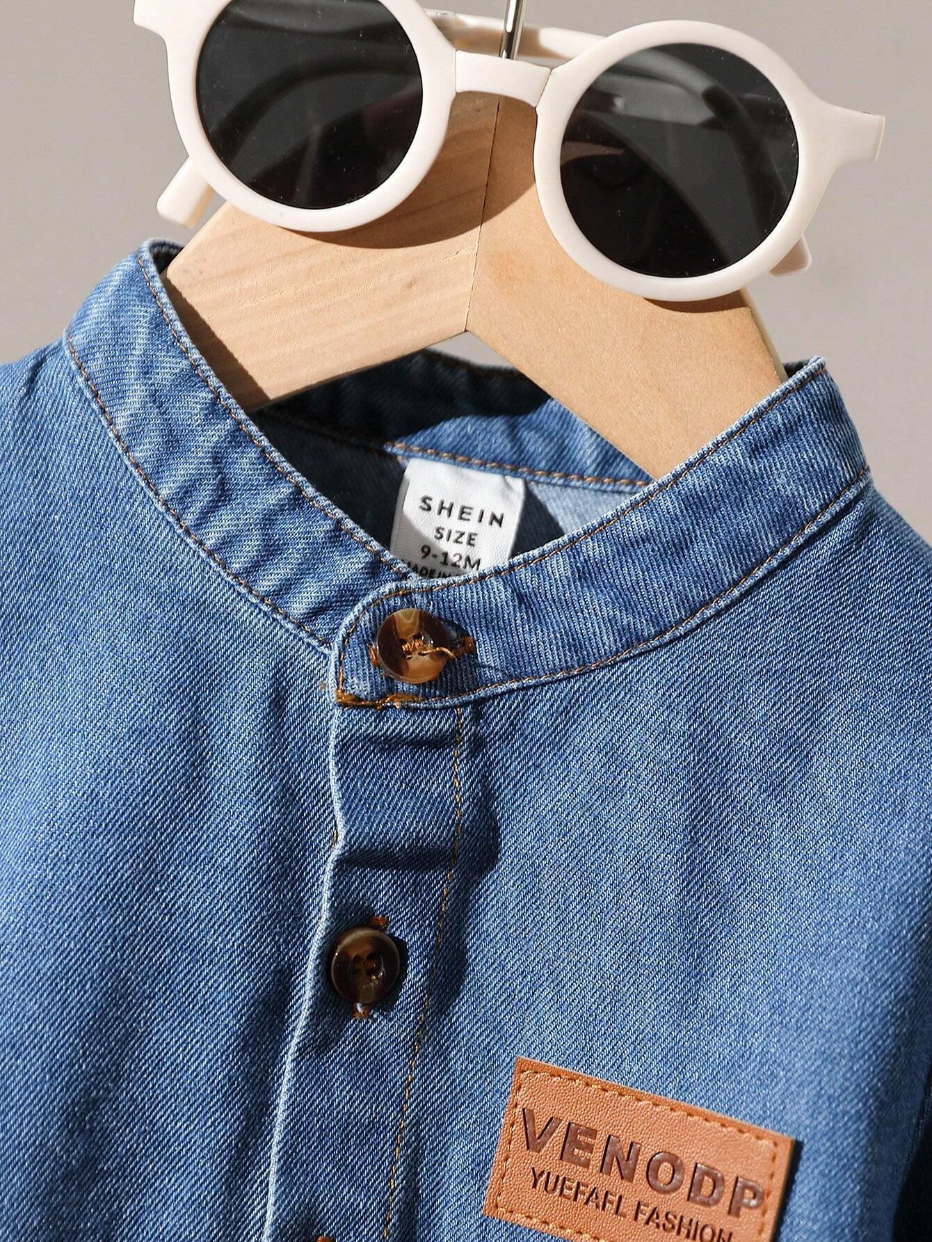2pcs Baby Boys' Casual Denim Collar Long Sleeve Shirt With Letter Print And Khaki Pants