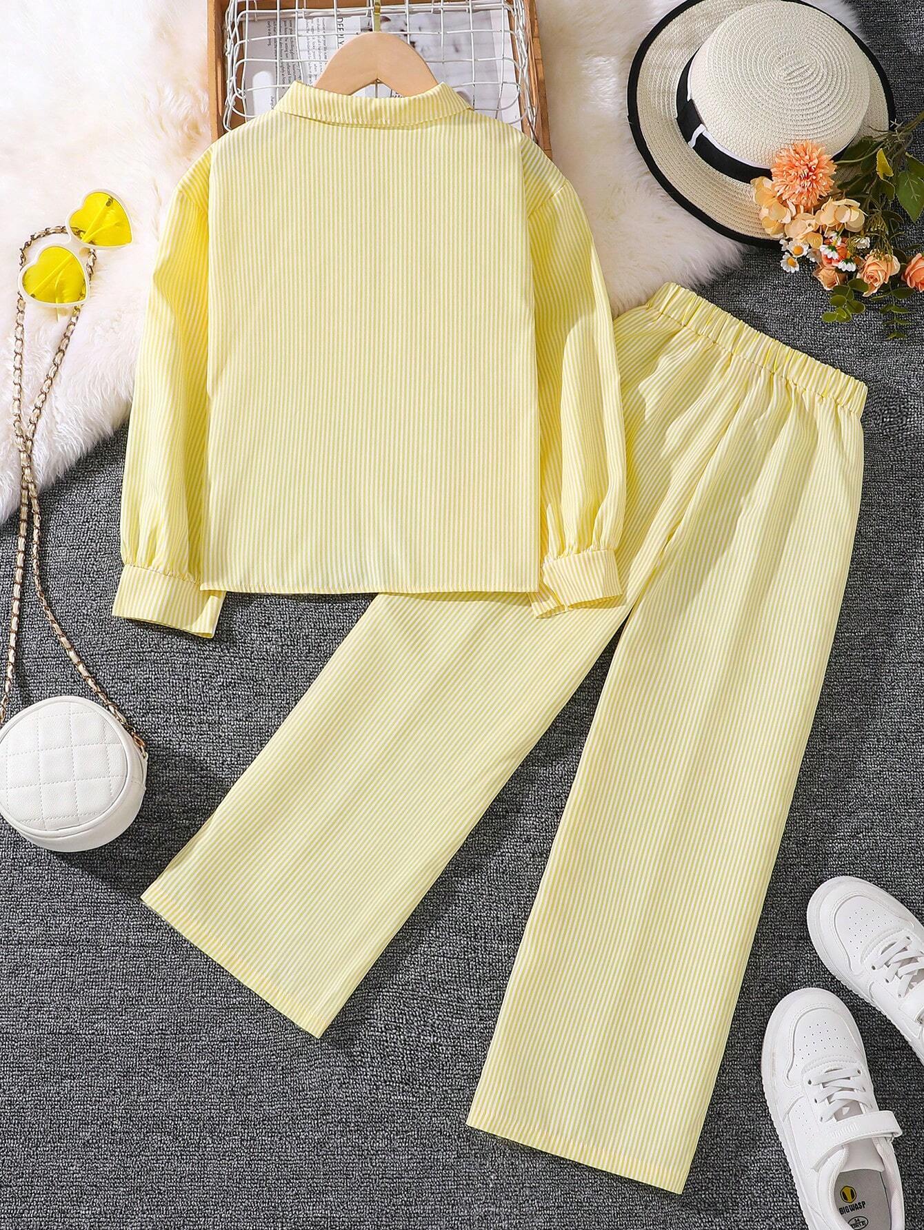 Tween Girl 2-Piece Set New Autumn Turn-Down Collar Long Sleeve Shirt And Long Pants