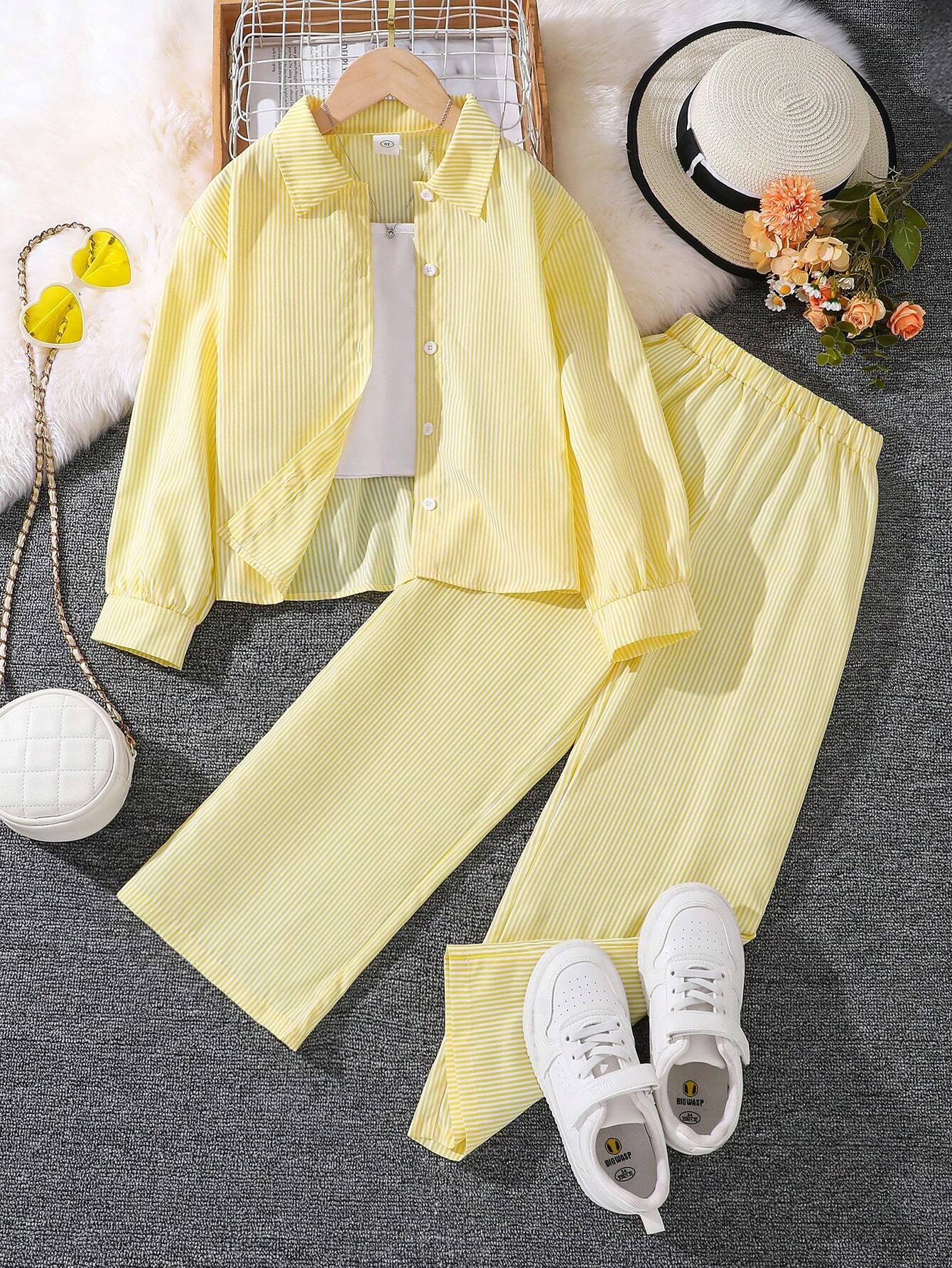 Tween Girl 2-Piece Set New Autumn Turn-Down Collar Long Sleeve Shirt And Long Pants Yellow