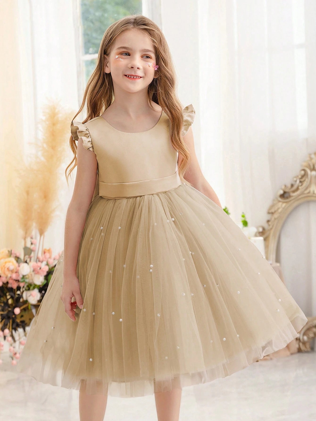 Girls' Flying Sleeve Mesh Tulle Princess Dress