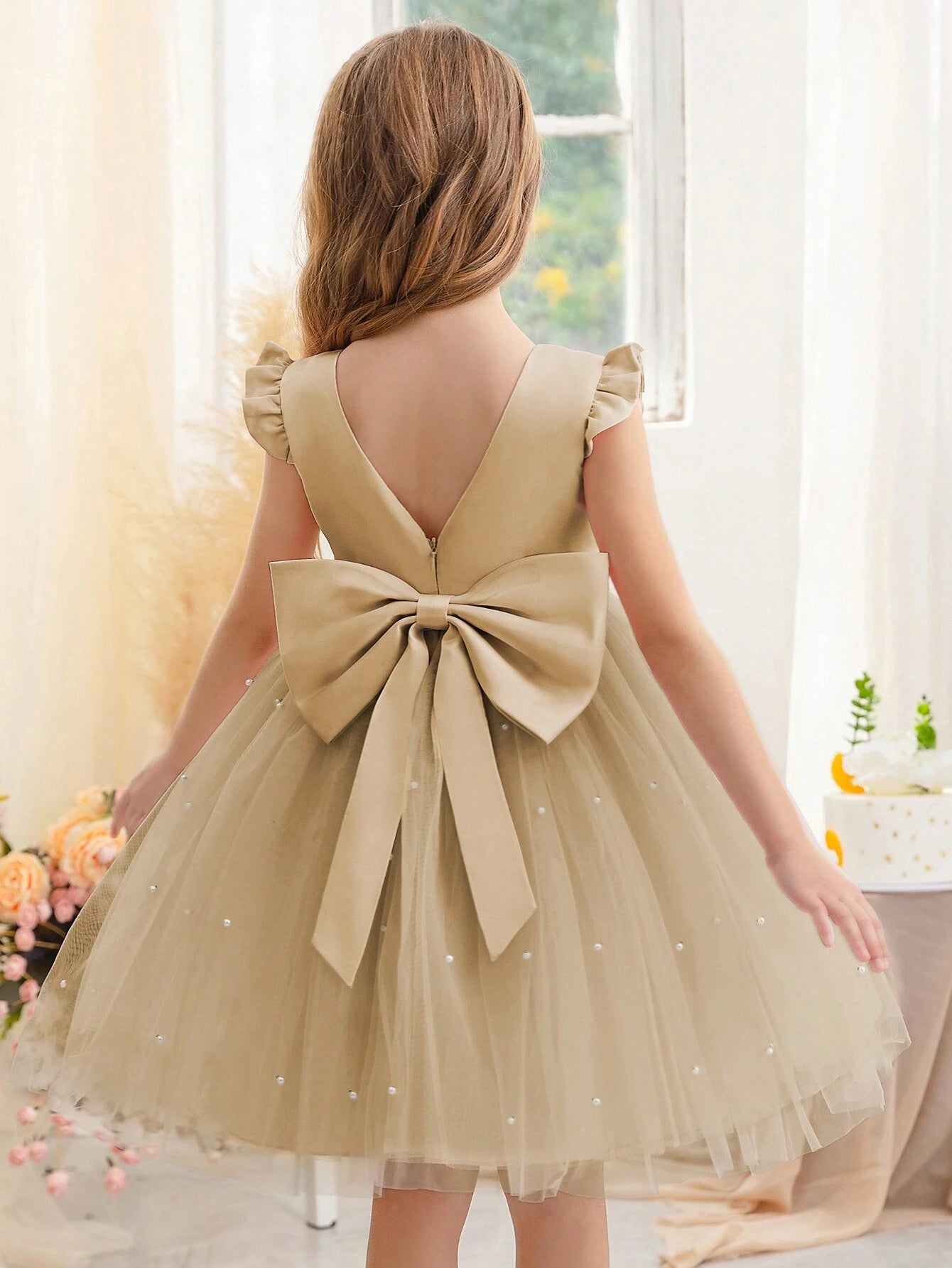 Girls' Flying Sleeve Mesh Tulle Princess Dress Khaki
