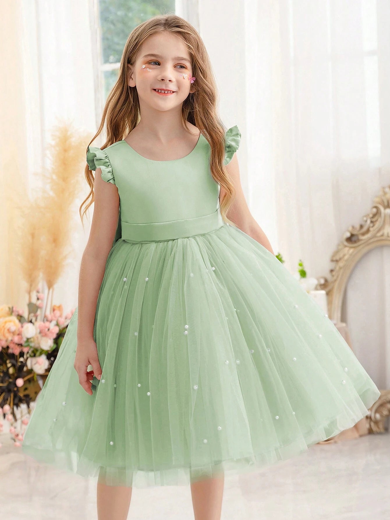 Girls' Flying Sleeve Mesh Tulle Princess Dress