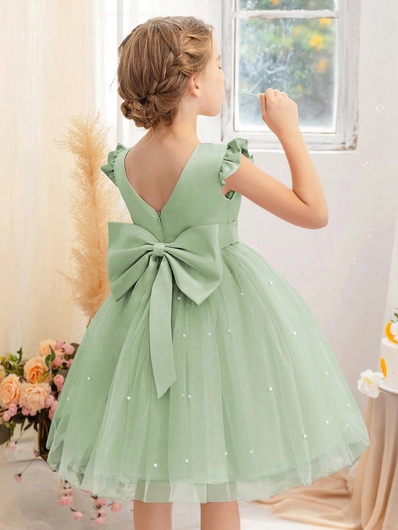 Girls' Flying Sleeve Mesh Tulle Princess Dress Mint Green