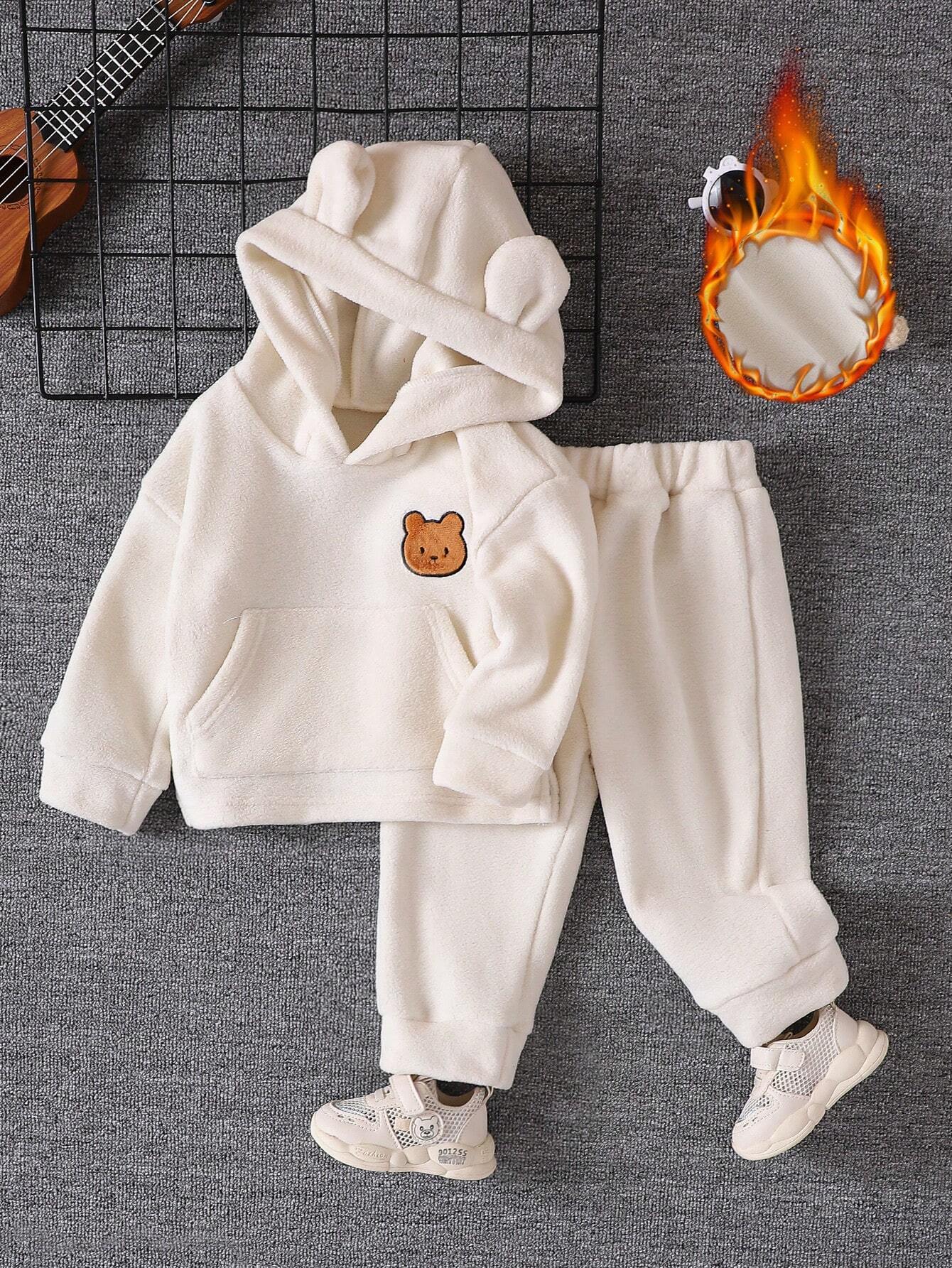 Vintaside Kids 2pcs Baby Boy Bear Decor Long Sleeve Hooded Top And Pants Set Beige