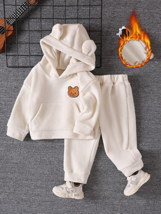Vintaside Kids 2pcs Baby Boy Bear Decor Long Sleeve Hooded Top And Pants Set Beige