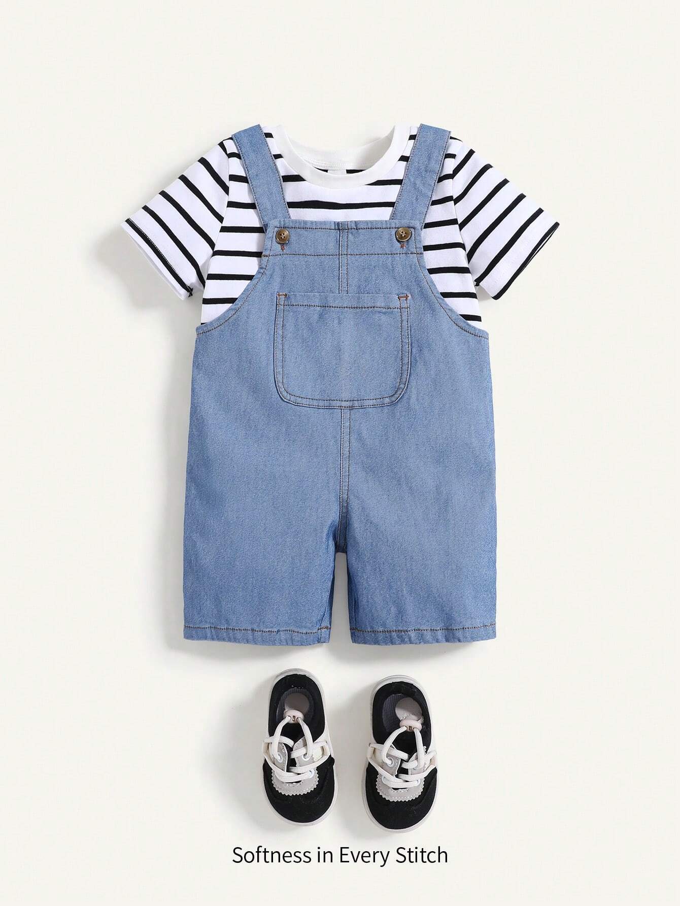 2pcs Baby Boy Striped T-Shirt And Denim Effect Overalls Set Multicolor 18-24M