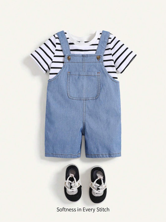 2pcs Baby Boy Striped T-Shirt And Denim Effect Overalls Set Multicolor 18-24M